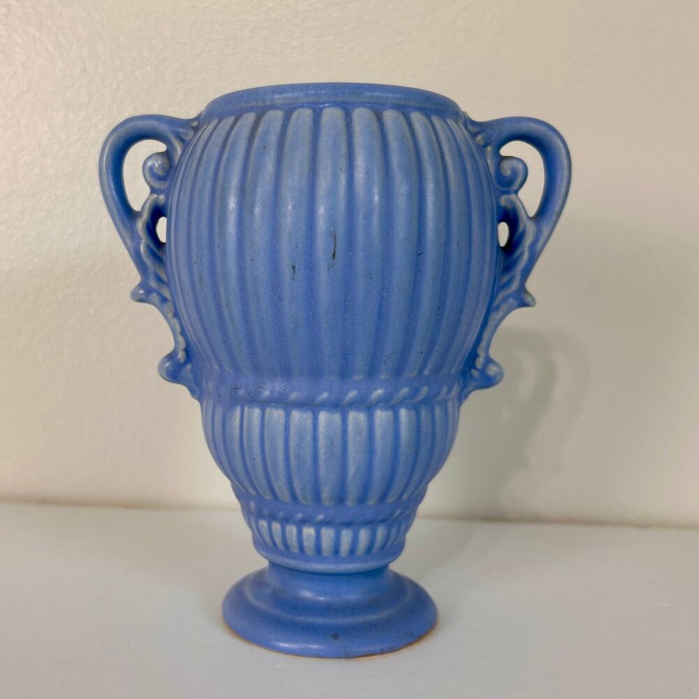 VTG Vintage Shawnee Pottery Blue Fluted Urn Vase 546 Mid Century 7" Rare Size